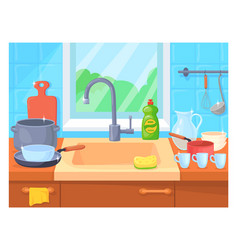 Clean Shiny Dishes In Kitchen Sink Cartoon