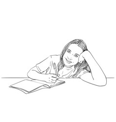 Sketch Of Girl Writing In Notebook Hand Drawn