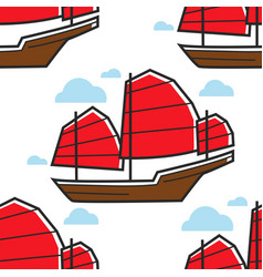 Chinese Seamless Pattern Sailboat Or Junk Ship