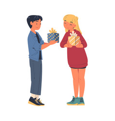 Happy Teen Boy And Girl Exchanging Gift Box