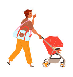 Young Happy Man Dad Walking With Baby Carriage And