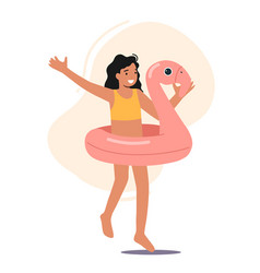 Happy Little Girl In Swimsuit And Flamingo