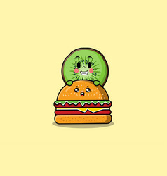 Cute Kiwi Fruit Cartoon Character Hiding In Burger