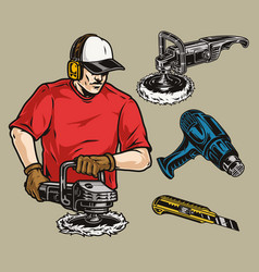 Tools Of Buffing Worker Colorful Elements Set