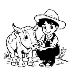 Cowboy And Cow Black White For Coloring Book