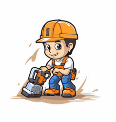 Cute Boy In Construction Helmet And Overalls