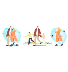 Happy Family Characters Walking At Spring Father