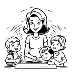 Mother And Children Reading A Book Of A Happy