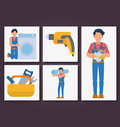 Workers And Home Repair Icon Set Flat Style