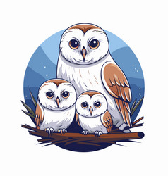 Owl Family On The Branch In Cartoon Style