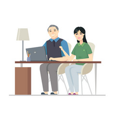 Senior Chinese Man At Computer - Flat Design