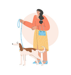 Happy Woman Standing With Dog And Holding Leash