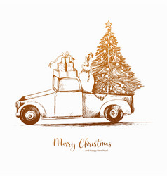 Hand Draw Tree Delivery Truck Sketch Christmas