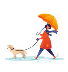 Young Woman Walking Dog Under Umbrella