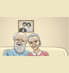 An Elderly Couple Is Sitting On The Sofa Against