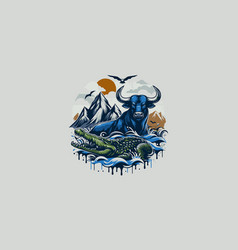 Bull And Crocodile On Mountain Artwork Design