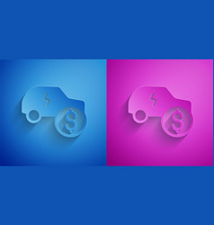 Paper Cut Electric Car Price Icon Isolated