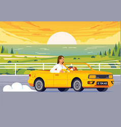 Woman Driving Cabriolet Car Across Sea Sunset