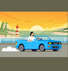 Woman Driving Cabriolet Car Across Sea Sunset