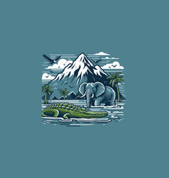 Elephant And Crocodile On Lake Artwork Design