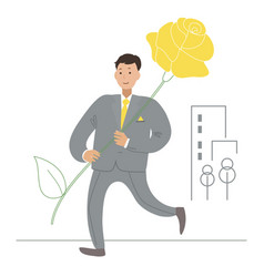 A Man In Gray Suit Runs With Huge Yellow Rose