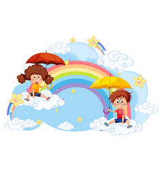 Kids Sitting On Cloud With Rainbow