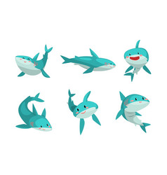 Comic Blue Shark With Fins As Marine Animal