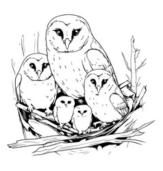 Owl Family On The Nest Black And White