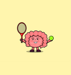 Cute Cartoon Intestine Character Play Tennis Field