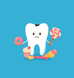 Cute Tooth With Caries Holding Sweets Flat