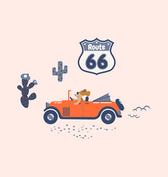 Dog Drives A Retro Car On A Route Sixty Six