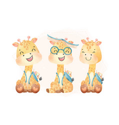 Group Of Three Cute Watercolor Happy Kid Giraffe