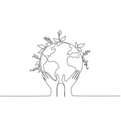 Single One Line Drawing Two Hands Holding A Globe