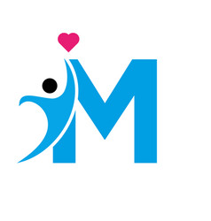 Health Care Logo On Letter M Love Heart Symbol