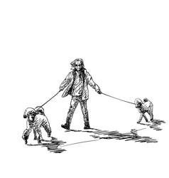 Sketch Of Man Walking With Two Poodle Dogs On