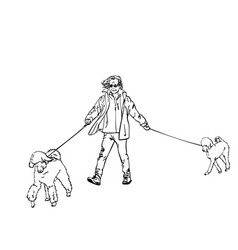 Sketch Of Man Walking With Two Poodle Dogs On