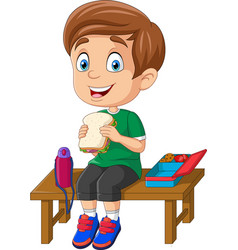 Cartoon Little School Boy Eating Bread