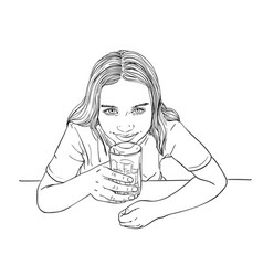 Sketch Of Preteen Girl With Long Hair Drinking