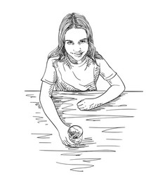 Sketch Of Preteen Girl Sitting At Table Holding