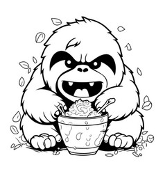 Black And White Cartoon Of Funny Monkey Eating