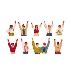 Happy Kids Students Gesturing With Hands Arms Up