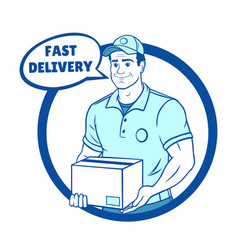 Smiling Delivery Man In Blue Uniform Holding