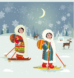 Winter Night Landscape With Skiing Girls