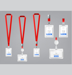 Set Of Id Cards Badges With Red Lanyards