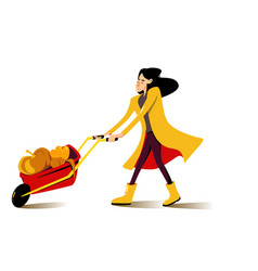 A Girl In Yellow Raincoat With Wheelbarrow