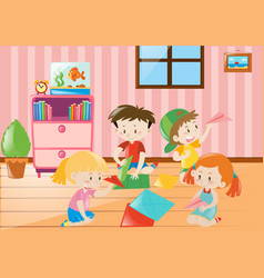 Many kids folding paper craft in the room Vector Image