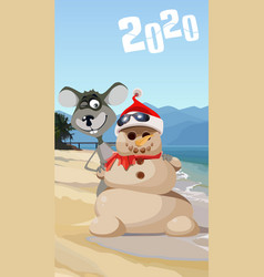 New Year Card Cartoon Snowman Made Sand