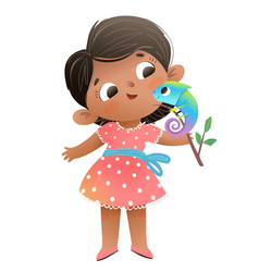 Cute Little Girl And Her Chameleon Pet Kid Cartoon