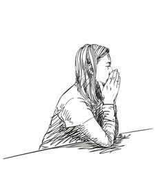 Woman Sitting And Thinking With Her Hands Folded