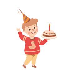 Little Boy Character In Birthday Hat Carrying Cake